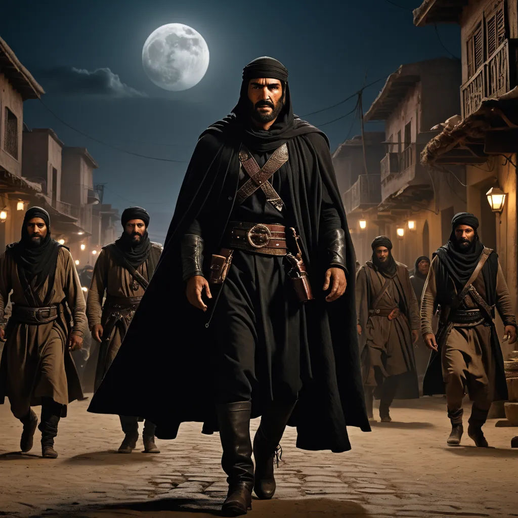 a man in a black outfit is walking down the street with other men in black outfits and a full moon in the background, hurufiyya, a detailed matte painting, Altoon Sultan, promotional image