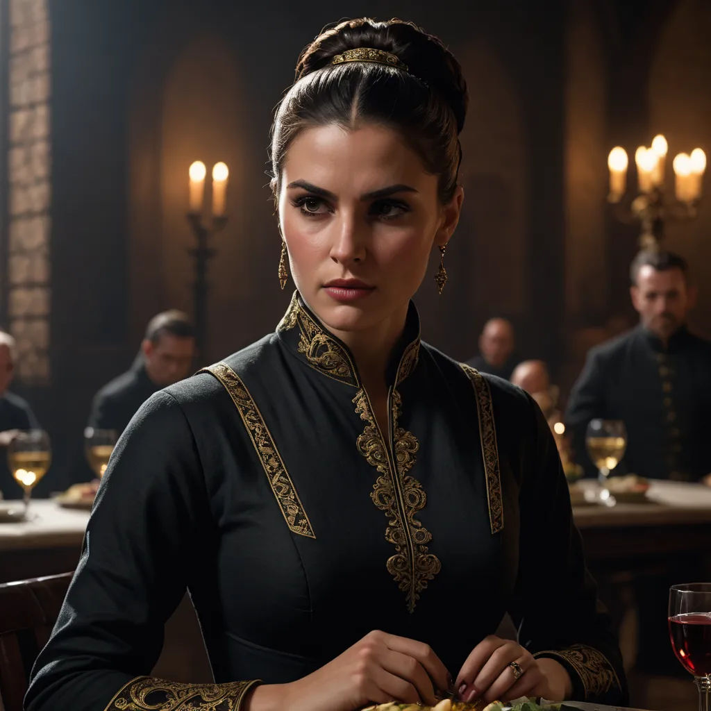 a woman sitting at a table with a plate of food in front of her and a man in the background, renaissance, a character portrait, Amalia Lindegren, promotional image