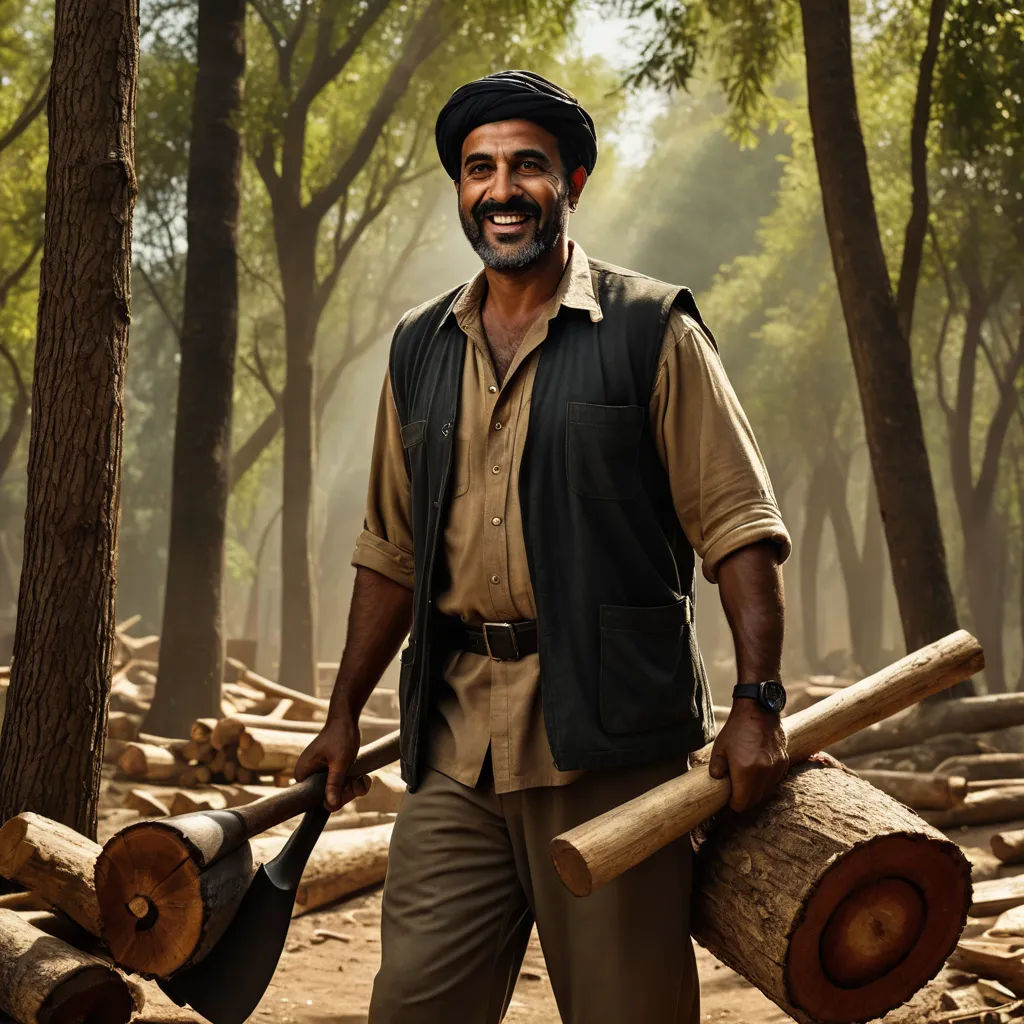 a man holding two large logs in a forest area with trees in the background and a man in a hat holding a large wood, environmental art, a character portrait, Farid Mansour, cinematic photography