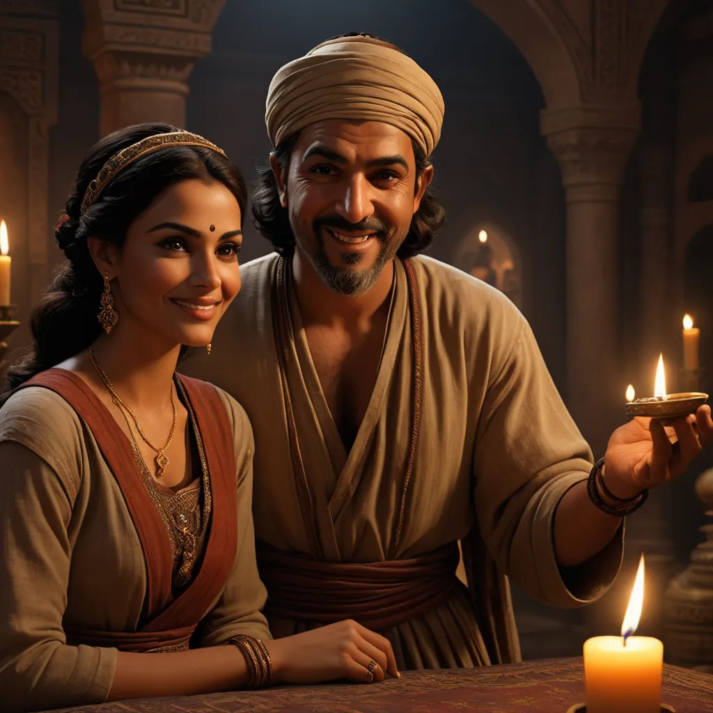 a man and woman are sitting next to a candle in a room with candles lit up in the dark, hurufiyya, a detailed matte painting, Altoon Sultan, promotional image