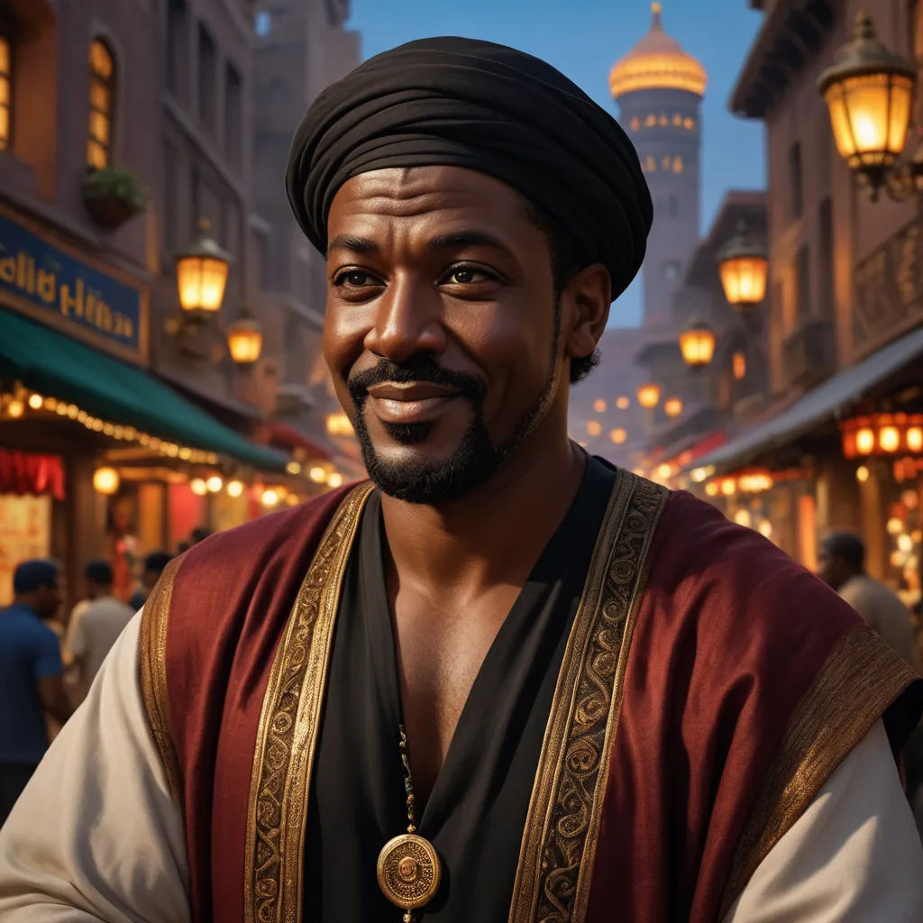 a man in a turban and a black shirt and a gold necklace and a street light and buildings, afrofuturism, a character portrait, Altoon Sultan, orientalism