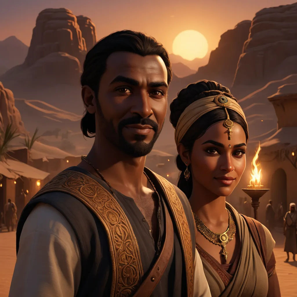 a man and woman in a desert setting with a desert background and a full moon in the distance, with a desert setting in the background, afrofuturism, computer graphics, Altoon Sultan, cinematic lighting