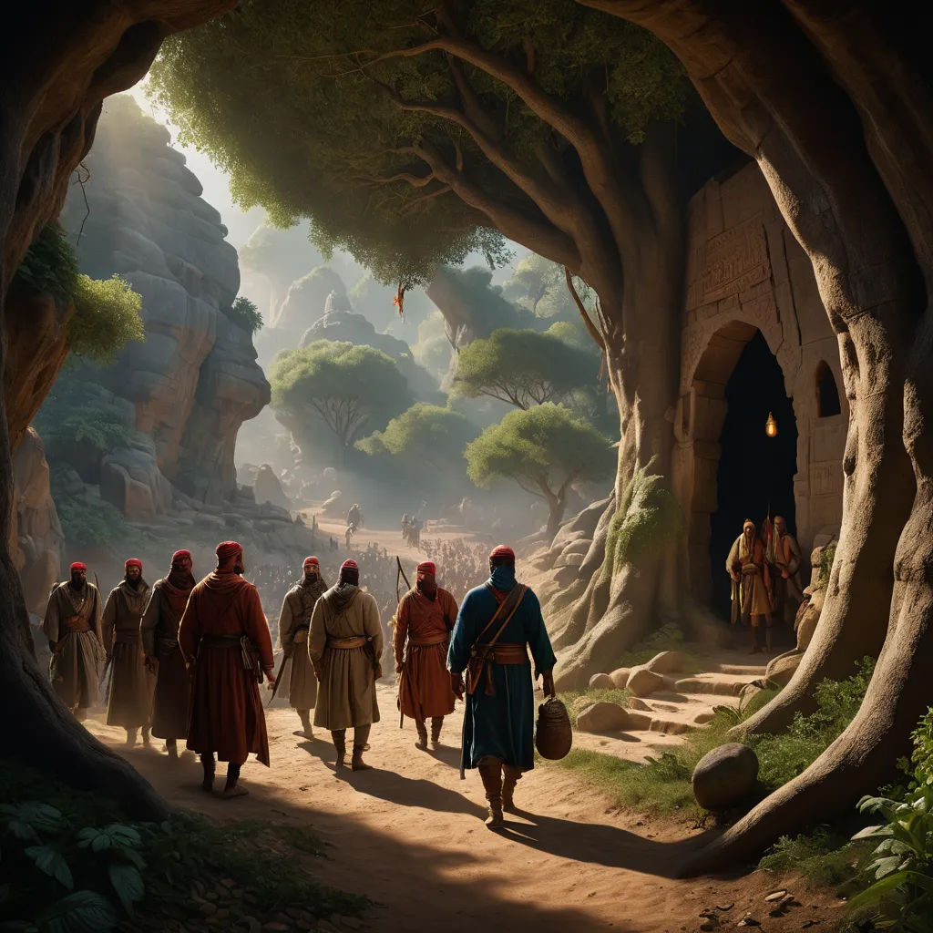 a group of people walking through a forest with a cave entrance in the background and a man in a blue robe, fantasy art, a detailed matte painting, Christophe Vacher, cinematic matte painting
