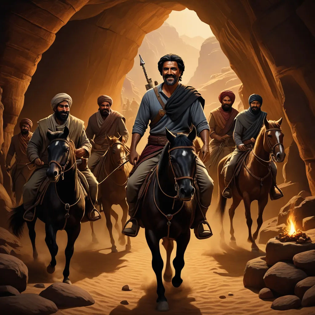 a painting of a man riding on the back of a horse in a cave with other men on horseback, hurufiyya, a detailed matte painting, Amir Zand, promotional image