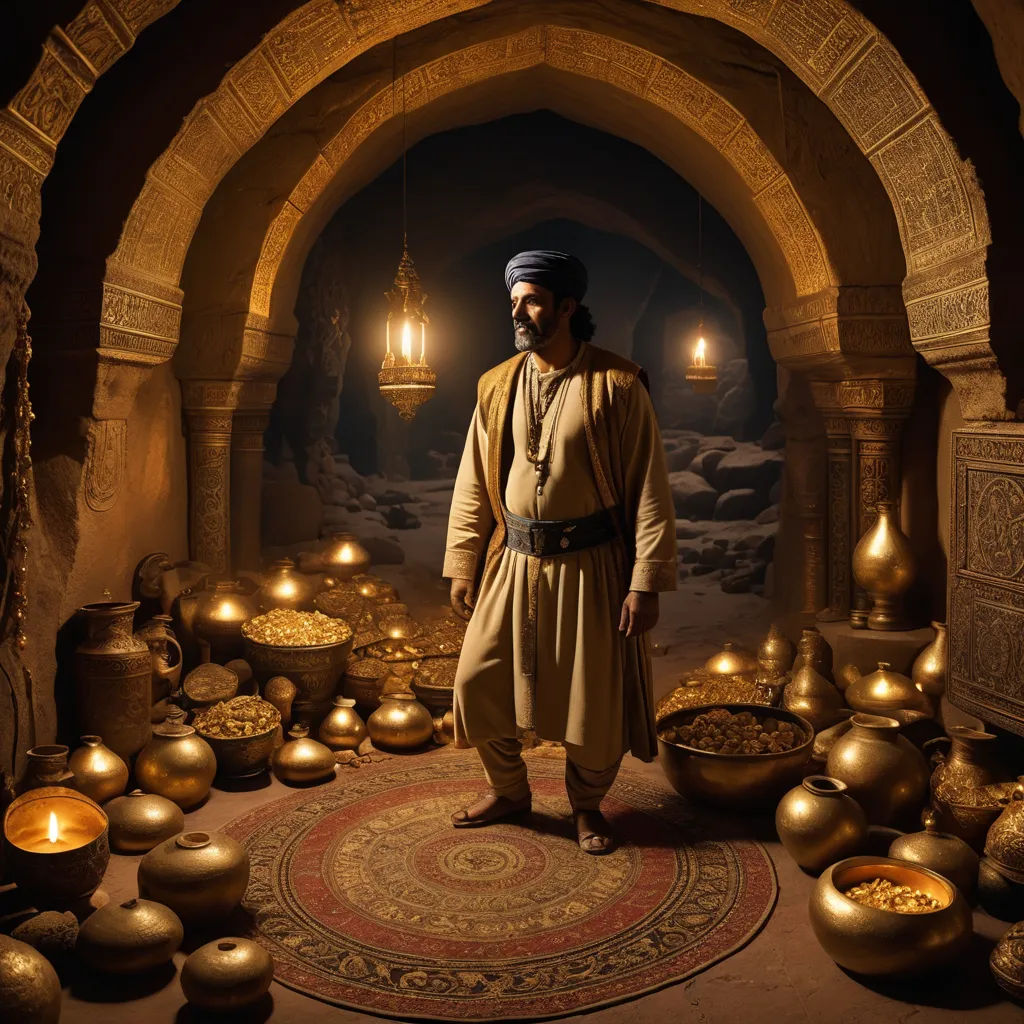 a man standing in a room with many bowls and lights around him and a rug on the floor with a circular design, dau-al-set, a detailed matte painting, Amir Zand, rembrandt lighting