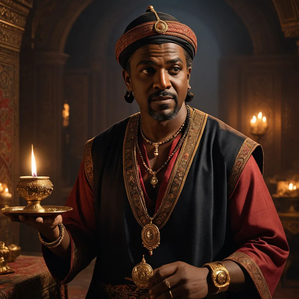 a man in a costume holding a candle in a room with candles in it and a gold plate in his hand, afrofuturism, a character portrait, Altoon Sultan, promotional image