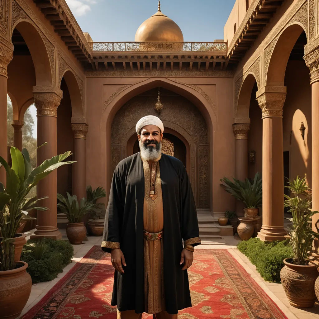 a man in a black outfit standing in a courtyard with a red rug and a gold dome in the background, dau-al-set, a character portrait, Altoon Sultan, orientalism