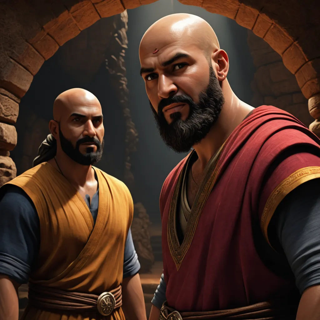 a man with a bald head and a bald man with a beard standing next to each other in a cave, hurufiyya, computer graphics, Altoon Sultan, unreal 5