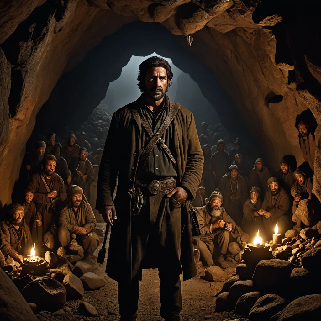 a man standing in a cave with a lot of people around him and a flashlight in his hand and a light in his hand, primitivism, a poster, David Begbie, promotional image