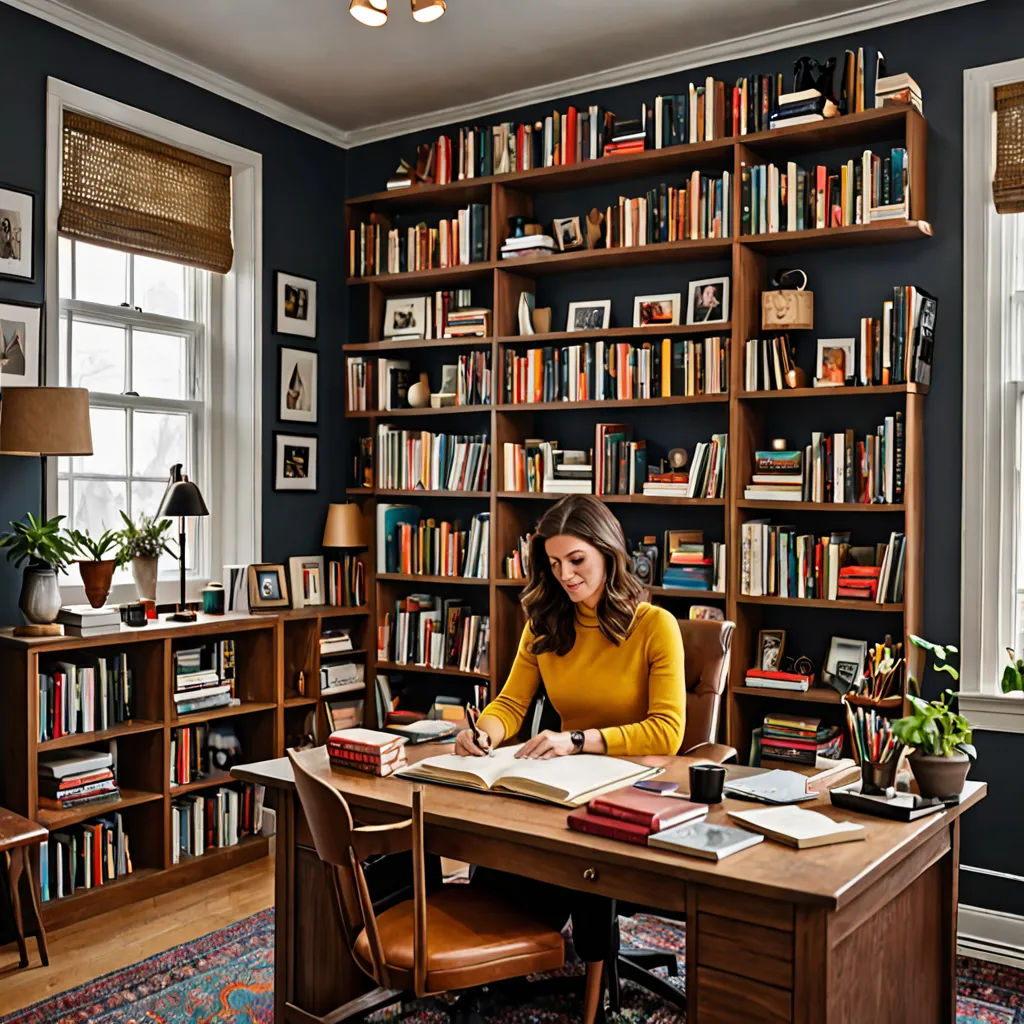 a woman sitting at a desk in front of a book shelf filled with books and a lamp in a room with a rug, arts and crafts movement, a stock photo, Chris Ware, art station