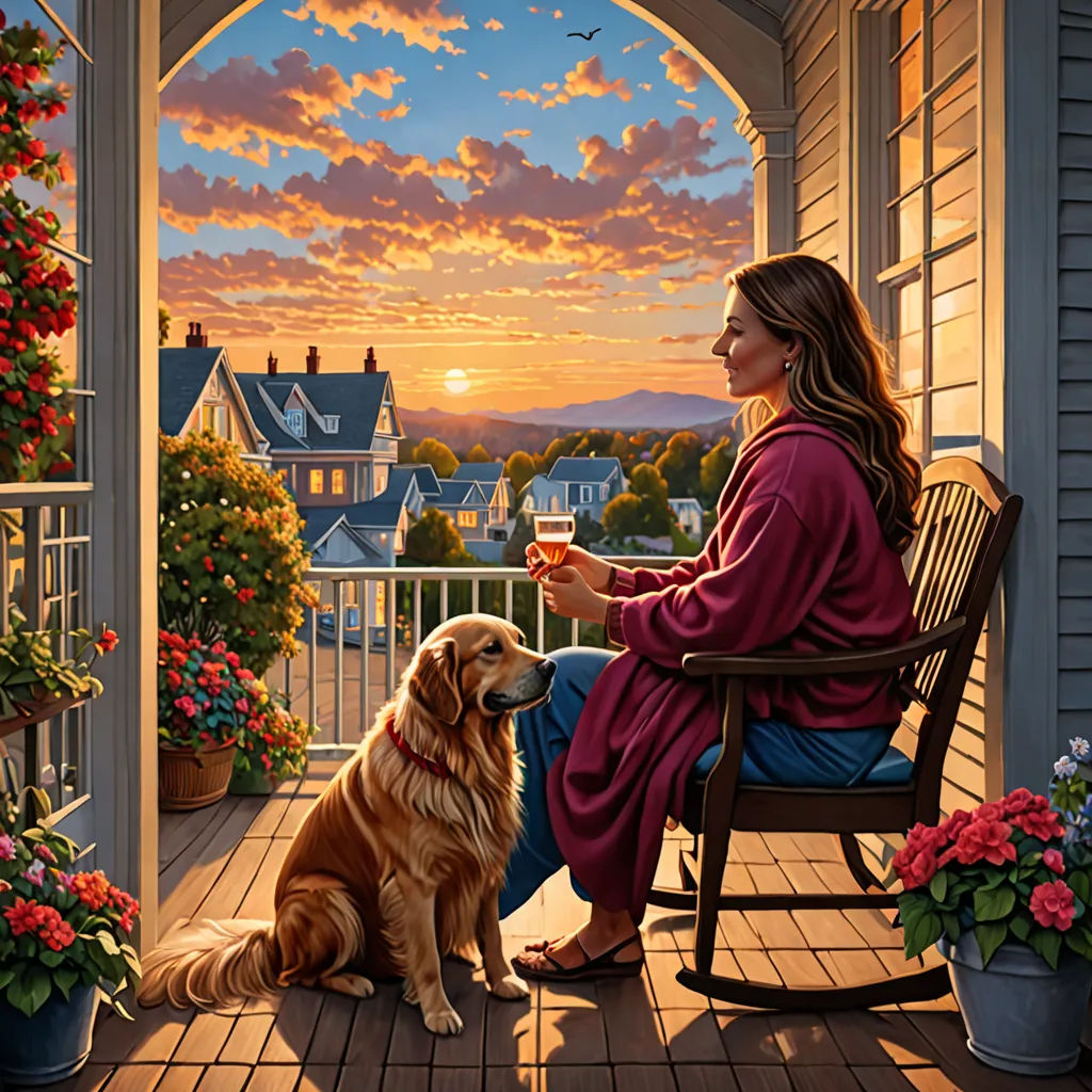 a woman sitting on a porch with a dog and a glass of wine in her hand and a sunset in the background, american scene painting, a fine art painting, Carol Sutton, highly detailed digital painting