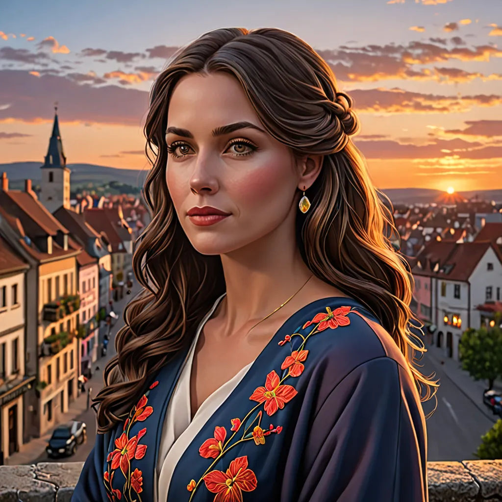 a woman in a blue dress standing on a balcony with a sunset in the background and a cityscape in the foreground, fantasy art, a detailed painting, Edwin Georgi, highly detailed digital painting