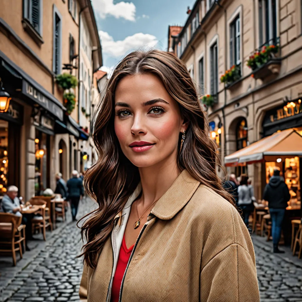 a woman standing in a street with a building in the background and people walking around the street in the distance, hyperrealism, a photorealistic painting, Anna Hotchkis, promotional image