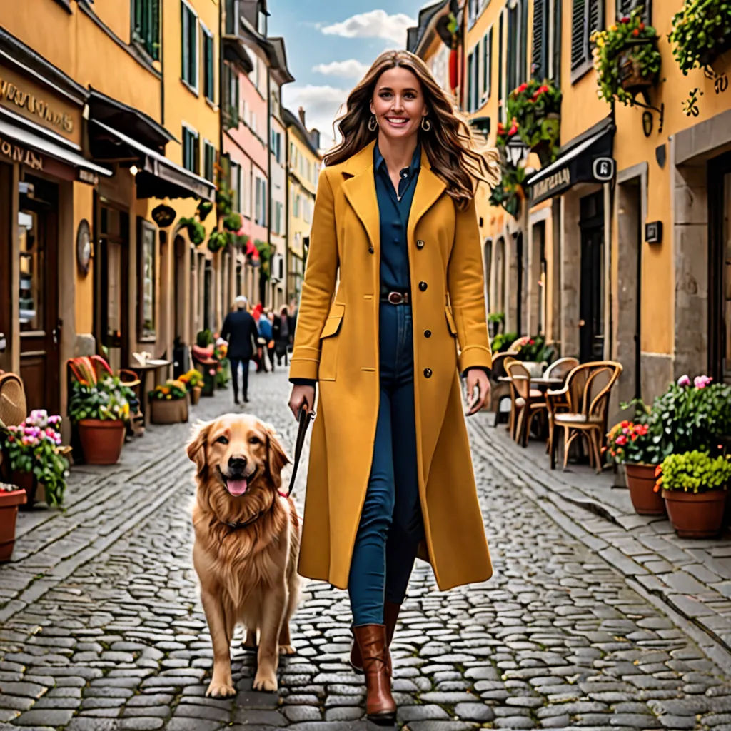 a woman walking a dog down a cobblestone street in a city with yellow buildings and potted plants, color field, a stock photo, Christian Hilfgott Brand, promotional image