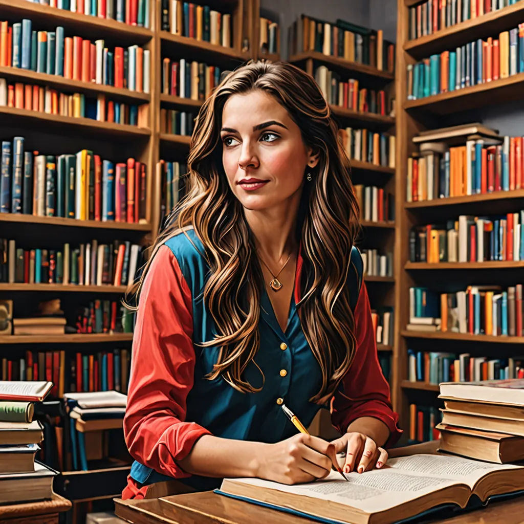 a woman sitting at a desk with a book and pen in her hand and a bookcase full of books behind her, academic art, a character portrait, Caroline Mytinger, promotional image