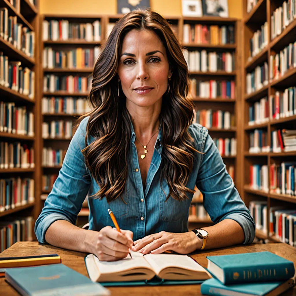 a woman sitting at a table in a library with a book and pen in her hand and a book in front of her, academic art, a character portrait, Eva Gonzalès, promotional image