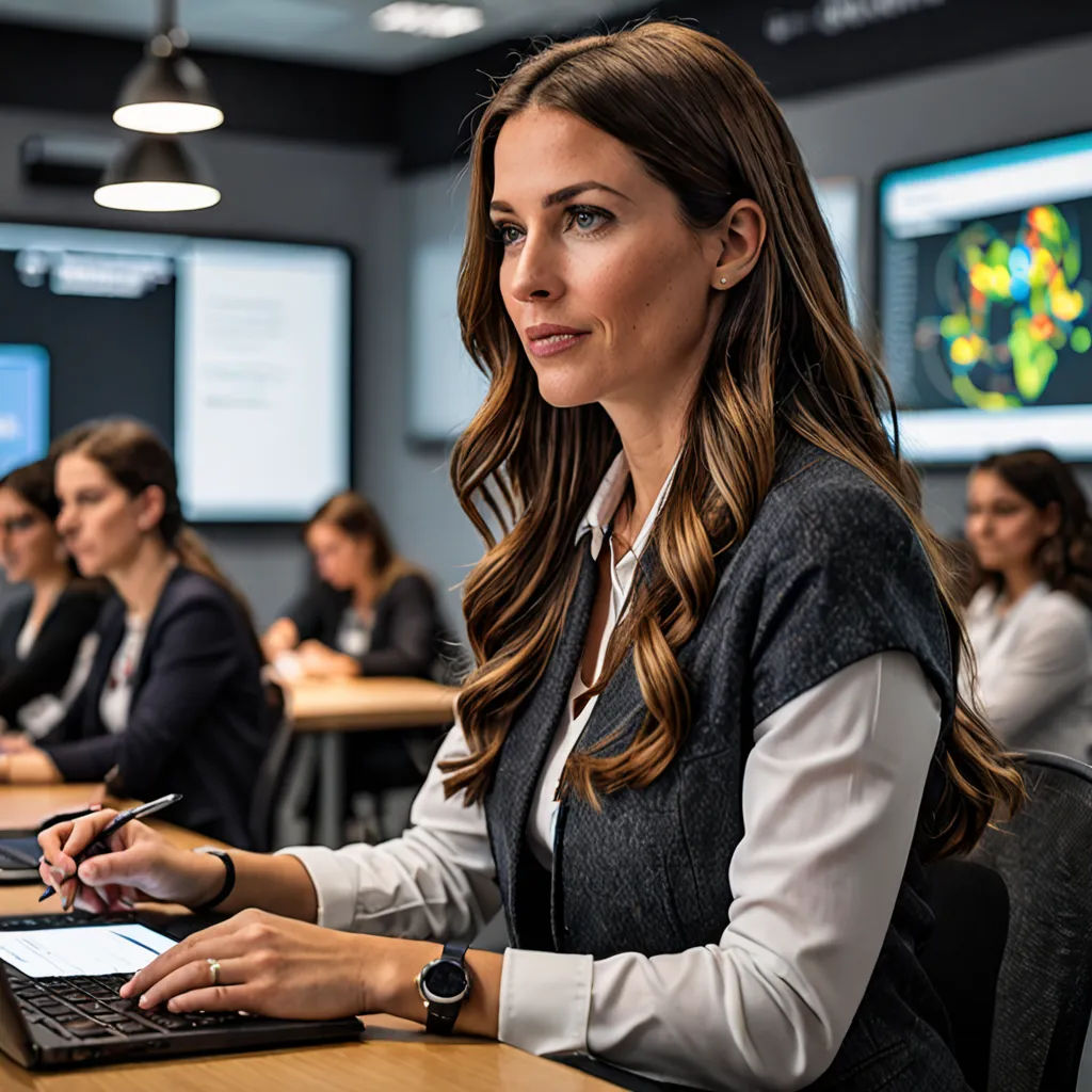 a woman sitting at a table with a laptop computer in front of her and other people in the background, new objectivity, a stock photo, Enguerrand Quarton, professional photo