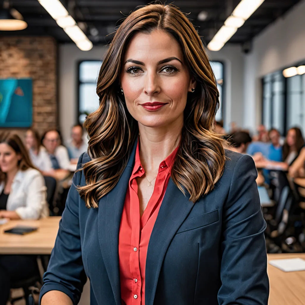 a woman in a business suit standing in front of a group of people in a conference room with a laptop, private press, a stock photo, Anna Maria Barbara Abesch, promotional image