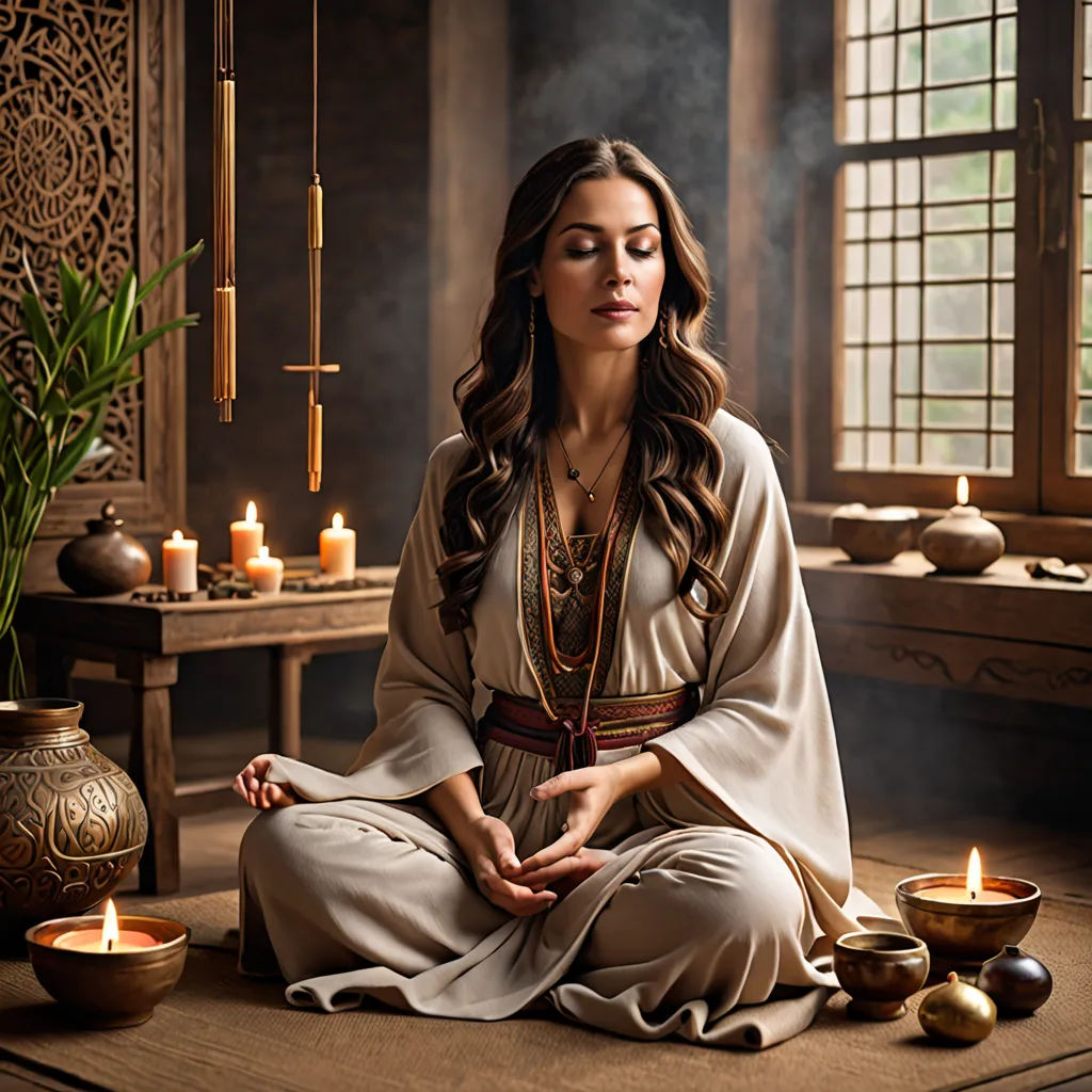 a woman sitting in a meditation position with candles around her and a potted plant in the background on a wooden floor, qajar art, egyptian art, Amanda Sage, orientalism
