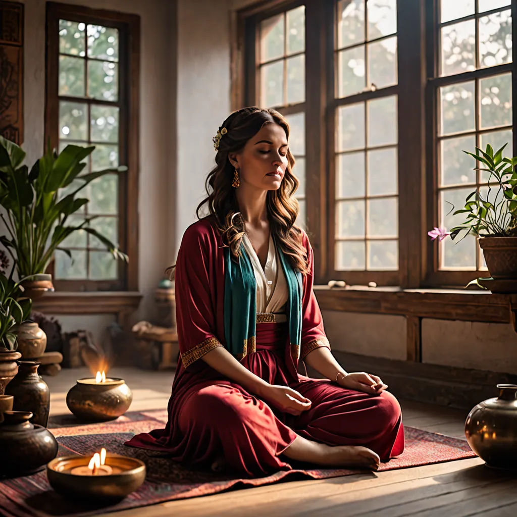 a woman in a red dress sitting on a rug in a room with a candle and potted plants, renaissance, a detailed matte painting, Ella Guru, promotional image
