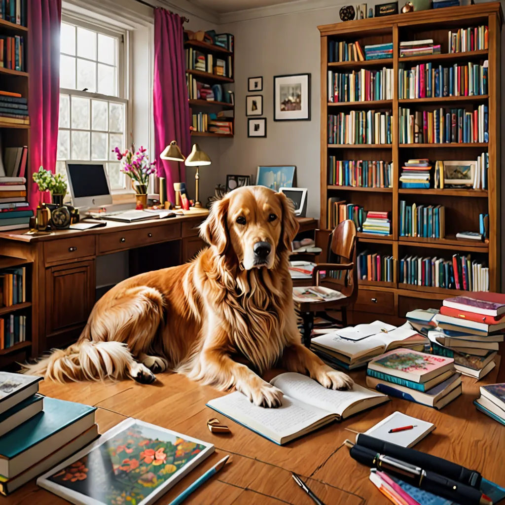 a dog sitting on a table in a room with books and a laptop on it's desk and a lot of books, arts and crafts movement, a still life, Alson S. Clark, award - winning photography