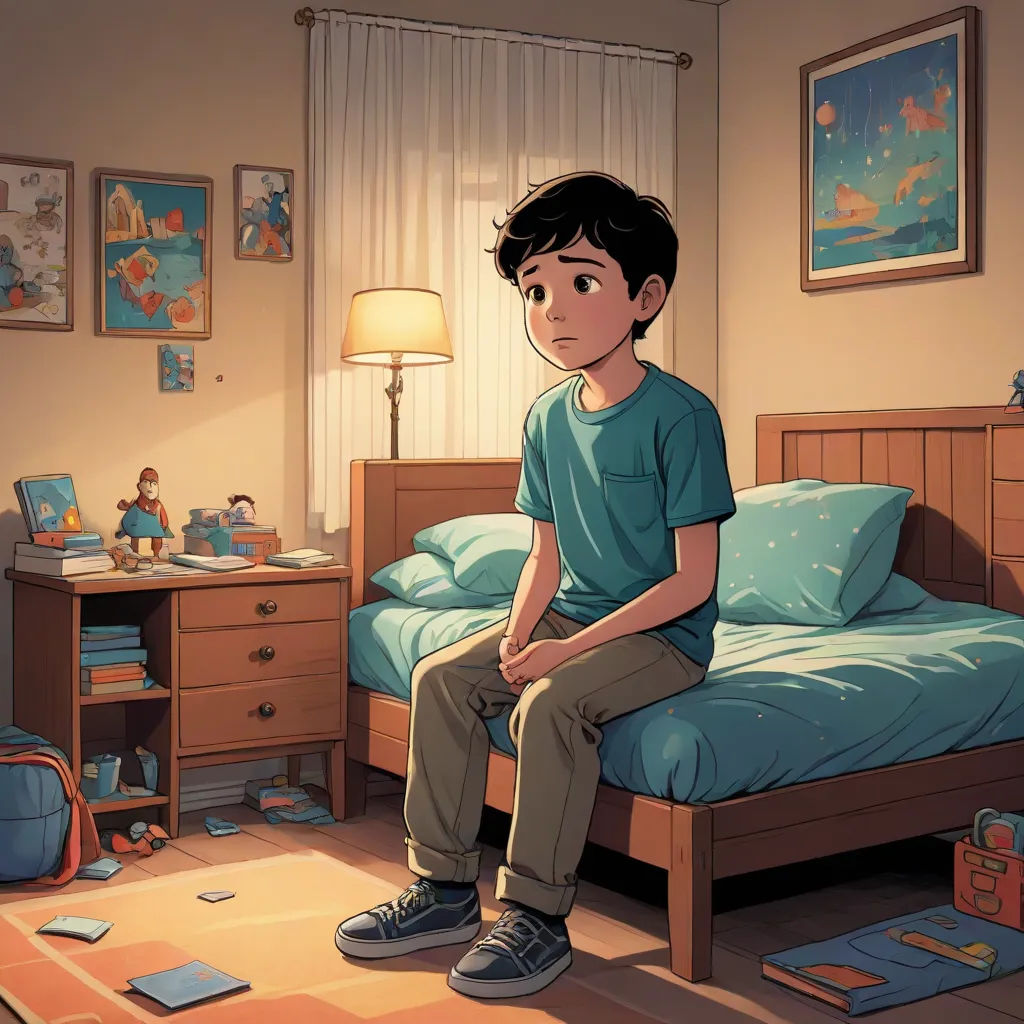 a boy sitting on a bed in a bedroom with a suitcase and a lamp on the side of the bed, photorealism, a comic book panel, Diego Gisbert Llorens, official art