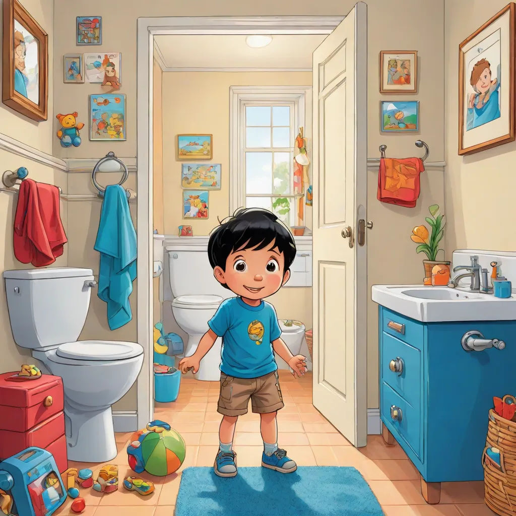 a boy standing in a bathroom with a blue rug on the floor and a blue rug on the floor, photorealism, a storybook illustration, Chris LaBrooy, promotional image