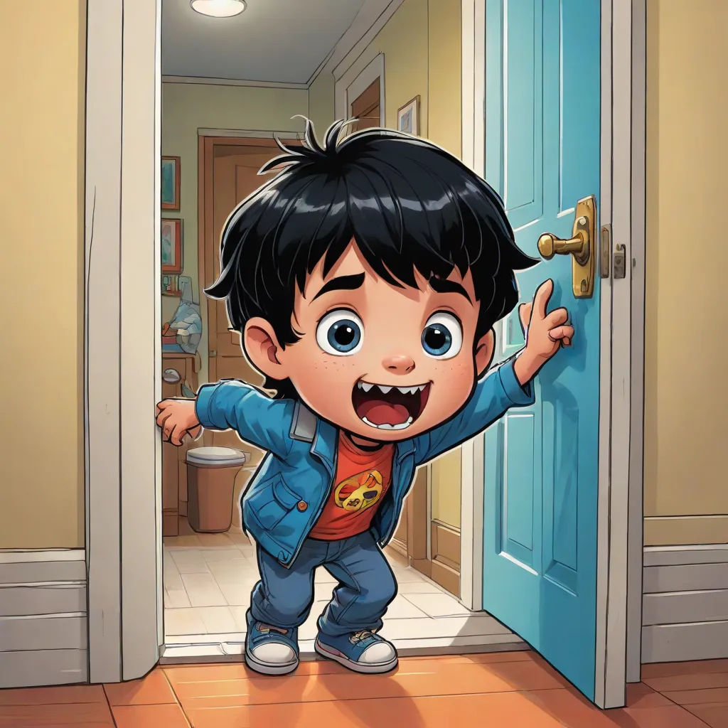 a cartoon boy is opening a door to a bathroom with a blue door handle and a blue door handle, private press, a comic book panel, Diego Gisbert Llorens, official art