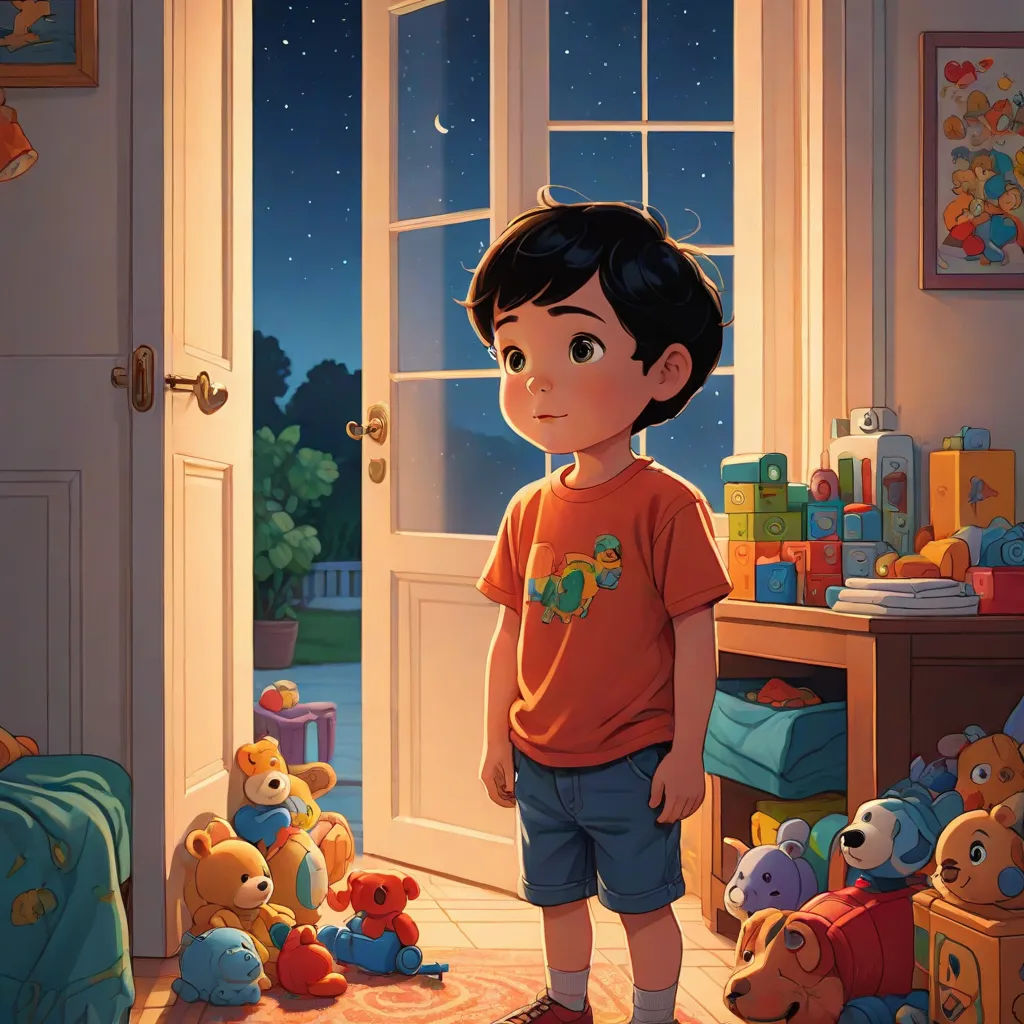 a boy standing in a room with teddy bears and a window with a night sky outside of it and a teddy bear on the floor, space art, a storybook illustration, Diego Gisbert Llorens, storybook illustration