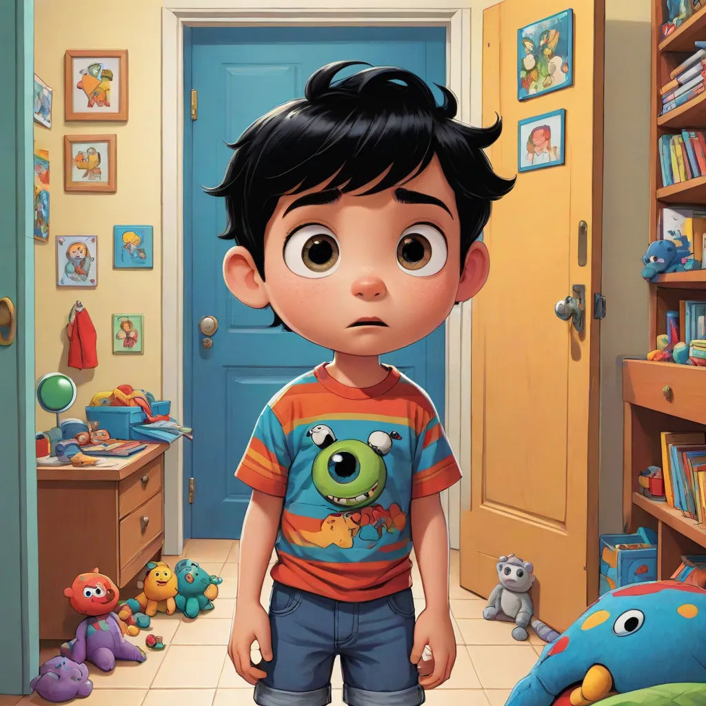 a boy standing in a room with a stuffed animal and a book shelf in the background with a blue door, photorealism, a character portrait, Eddie Mendoza, pixar and disney animation