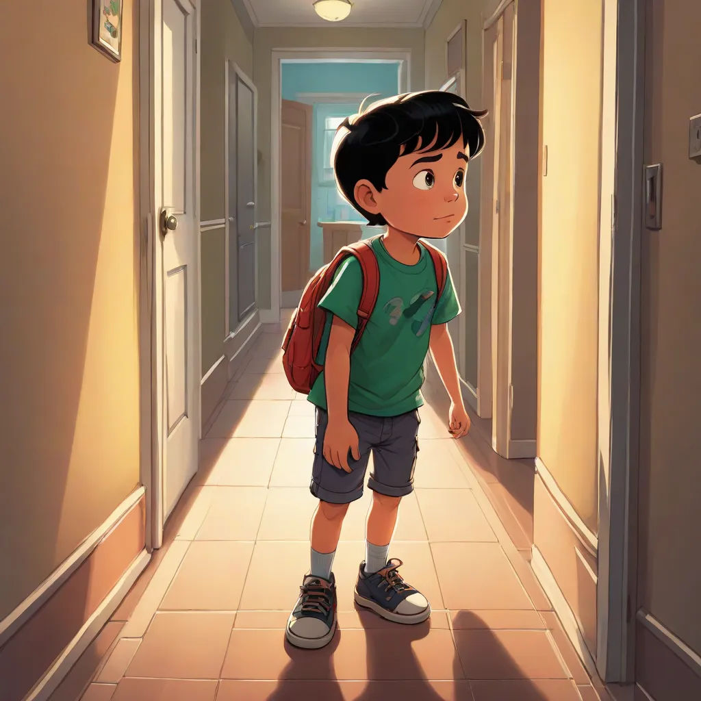 a boy with a backpack standing in a hallway with a light on the ceiling and a door open to another room, photorealism, poster art, Aaron Jasinski, rossdraws global illumination