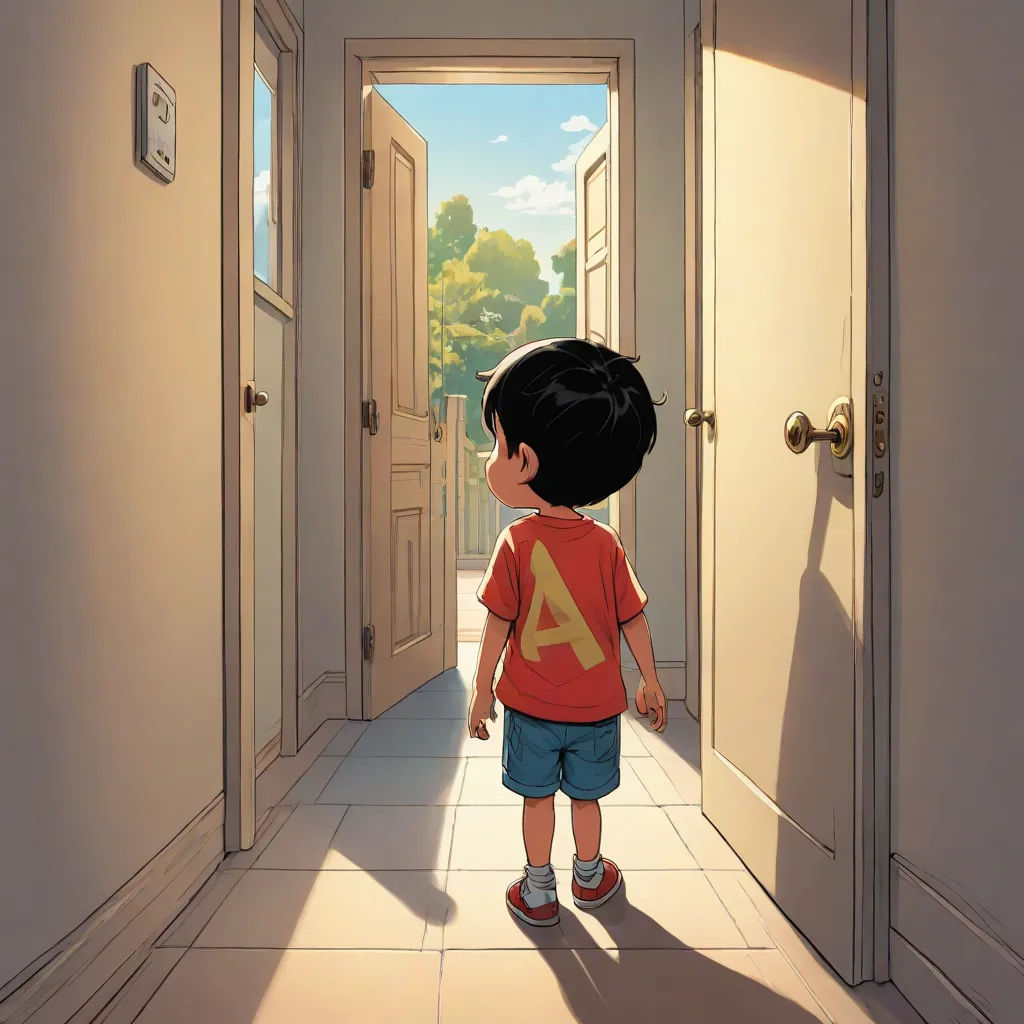 a little boy standing in a hallway with a door open to another room and a door leading to another room, photorealism, a storybook illustration, Aaron Jasinski, rossdraws global illumination