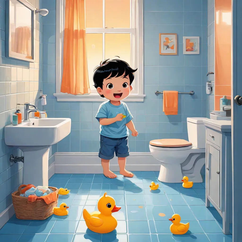 a boy standing in a bathroom with rubber ducks around him and a basket of rubber ducks in the floor, photorealism, a storybook illustration, Chris LaBrooy, storybook illustration