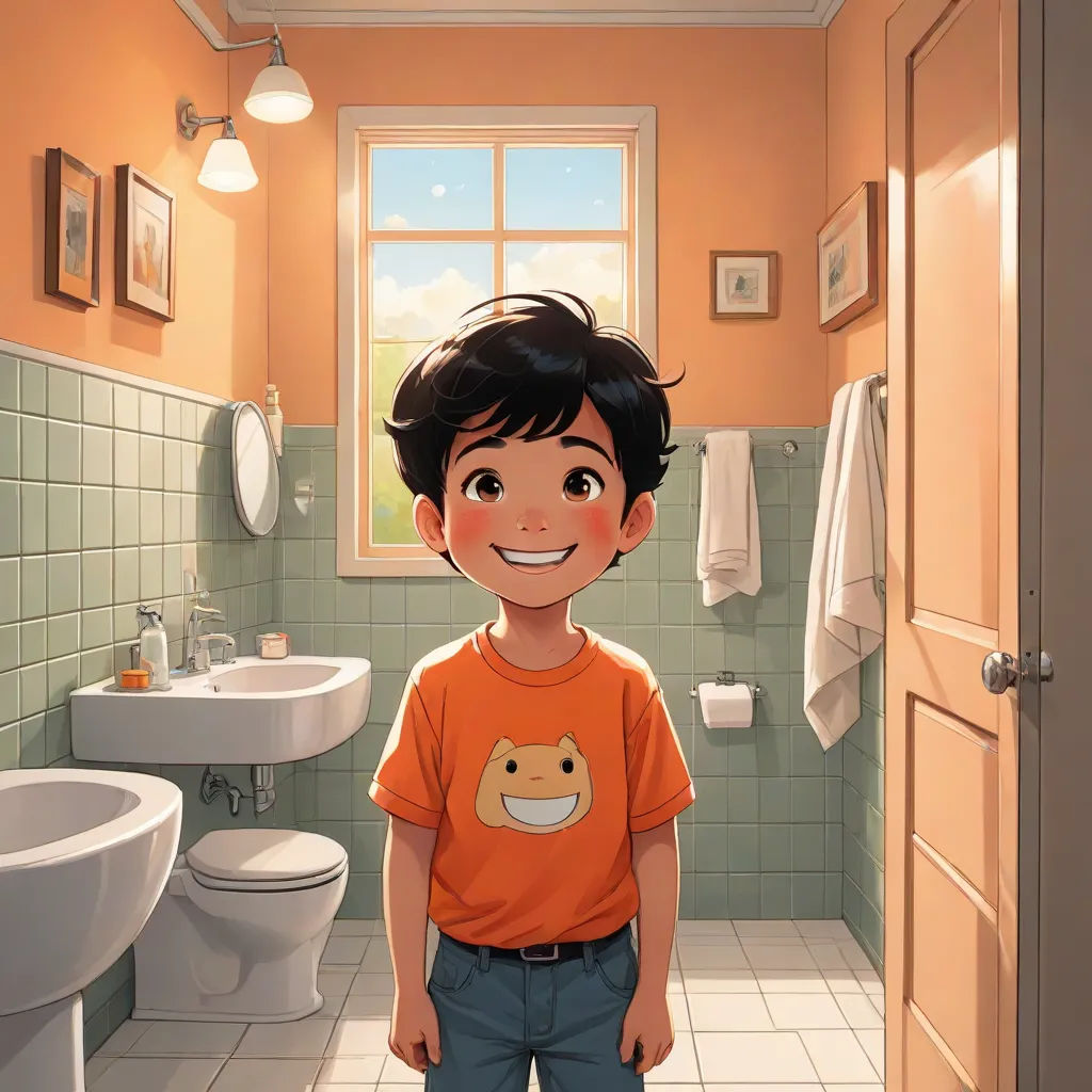a boy standing in a bathroom with a sink and toilet in the background and a window in the background, photorealism, a storybook illustration, Alejandro Burdisio, official art