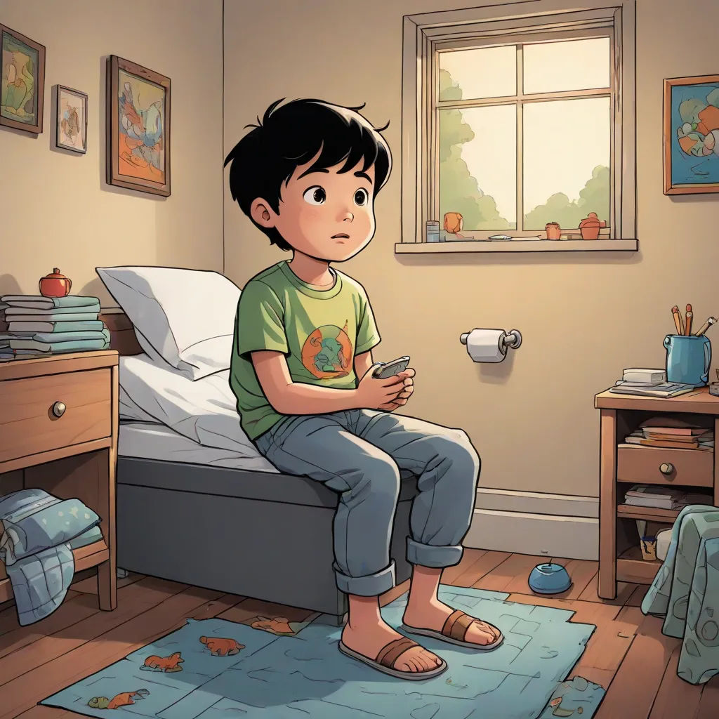 a boy sitting on a bed looking at his cell phone in a bedroom with a rug on the floor, art & language, a storybook illustration, Aaron Jasinski, graphic novel