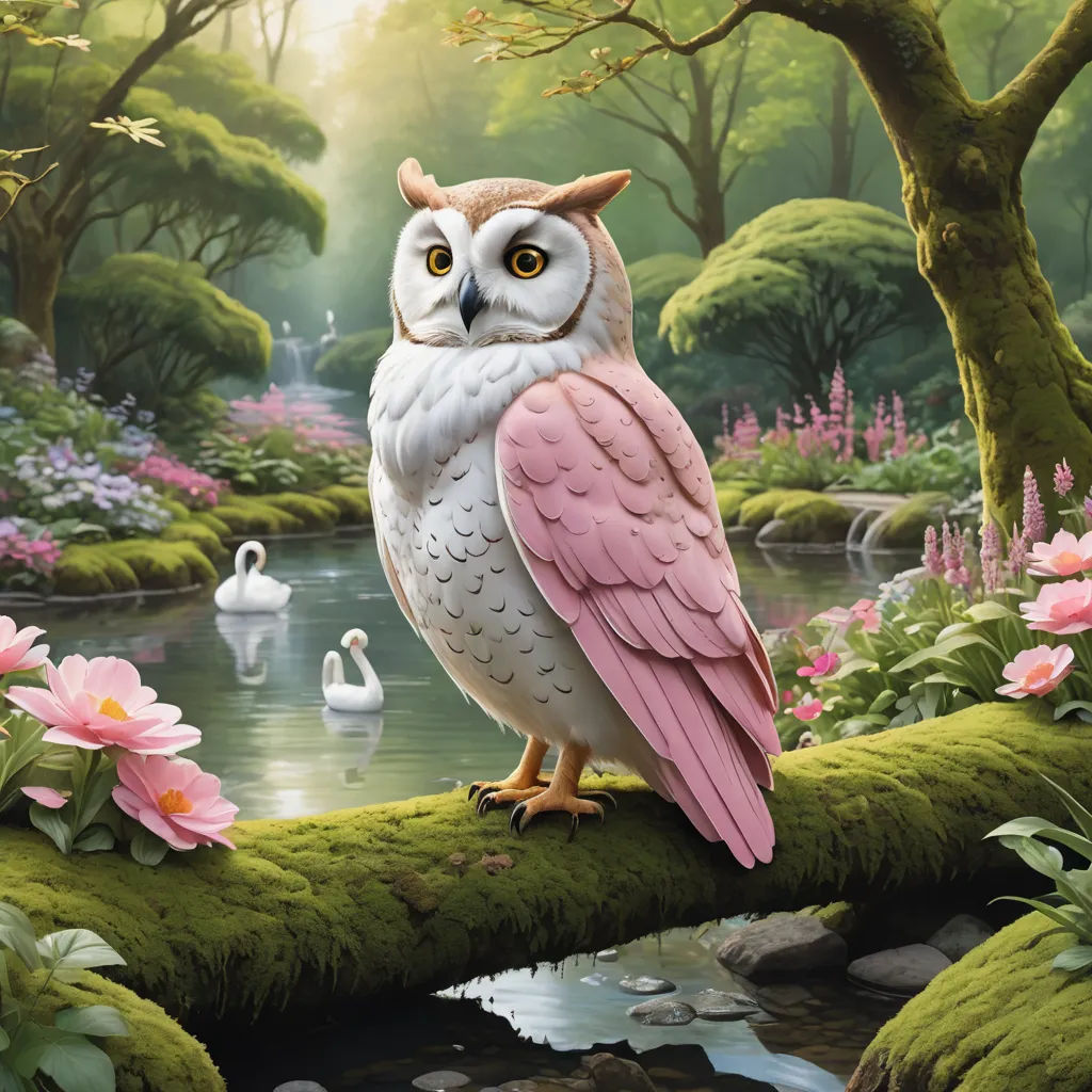a painting of an owl sitting on a branch in a forest with swans and flowers around it, and a pond, fantasy art, a storybook illustration, Chris LaBrooy, highly detailed digital painting