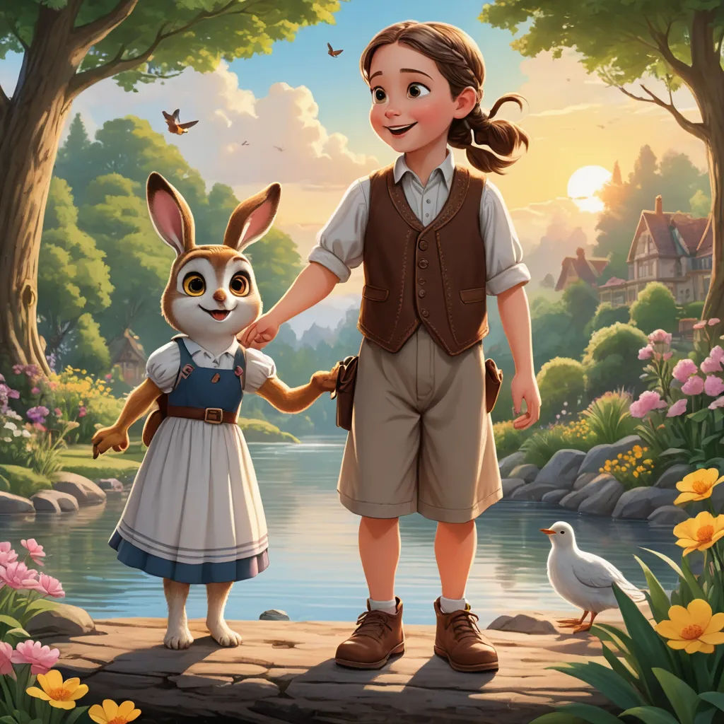 a painting of a boy and a girl holding hands and a bird flying over them, with a pond in the background, furry art, a storybook illustration, Beatrix Potter, official art