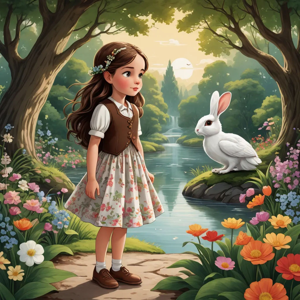 a girl in a dress standing next to a rabbit in a forest with flowers and trees around her, with a river running through the forest, fantasy art, a storybook illustration, Alice Prin, storybook illustration