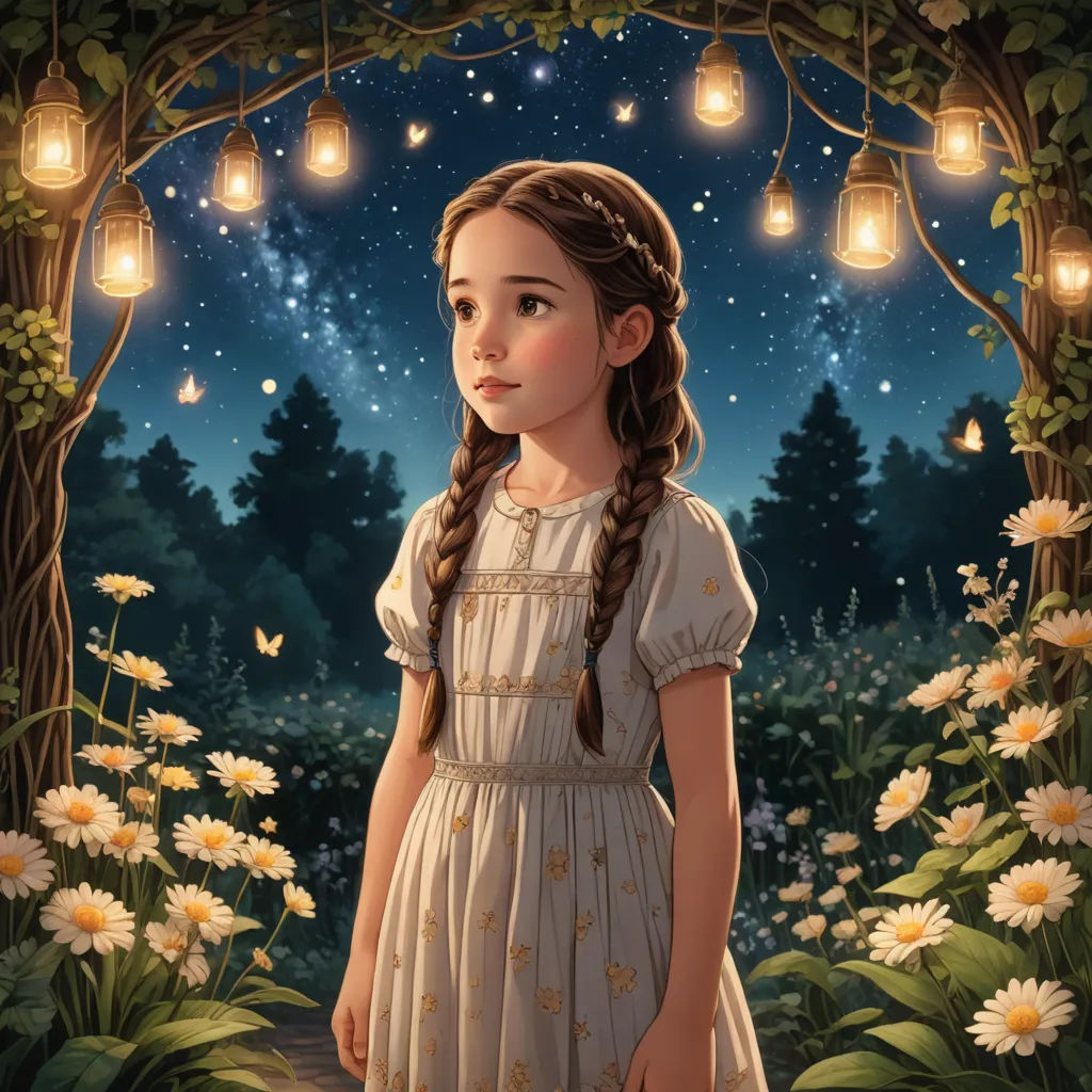 a painting of a girl in a white dress standing in a garden with flowers and lanterns hanging from the ceiling, fantasy art, a storybook illustration, Andrea Kowch, fireflies