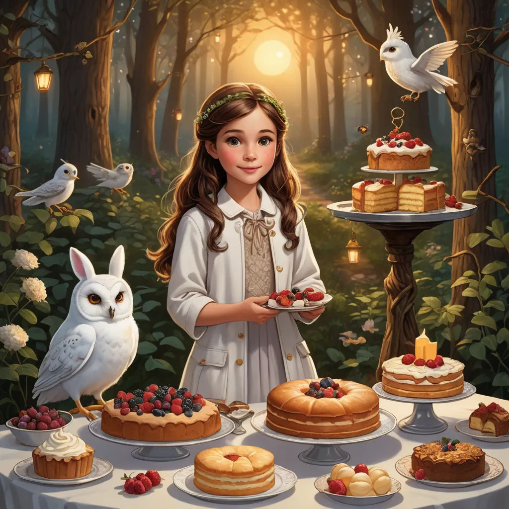 a painting of a girl holding a plate of food in front of a forest scene with a cake and an owl, fantasy art, a storybook illustration, Anne Stokes, storybook illustration