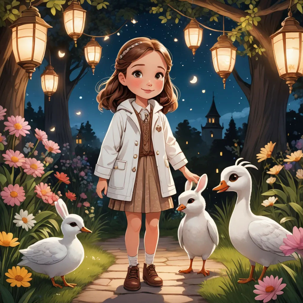 a girl standing next to two ducks and a duckling in a park at night with lanterns and flowers, magic realism, a storybook illustration, Clarice Beckett, official art