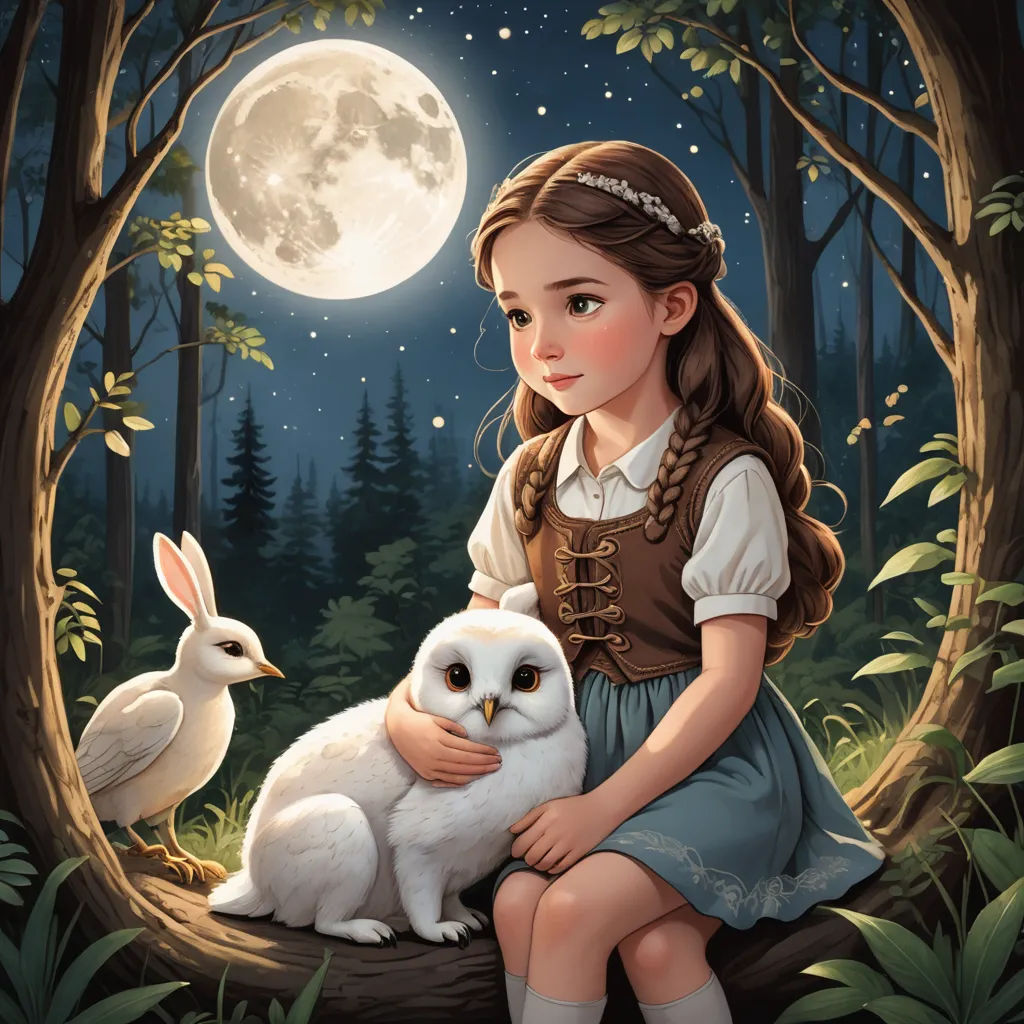 a girl holding an owl and a white rabbit in a forest at night with a full moon in the background, fantasy art, a storybook illustration, Anna Dittmann, storybook illustration