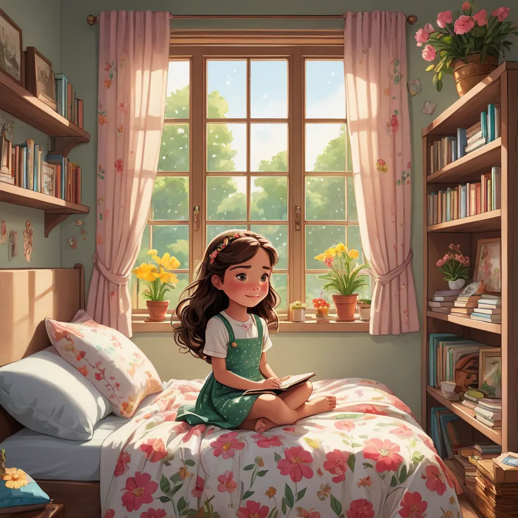 a girl sitting on a bed reading a book in a bedroom with a window and bookshelves behind her, magical realism, a storybook illustration, Alice Prin, storybook illustration