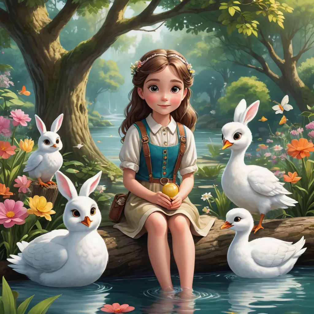 a girl sitting on a log with some birds and ducks around her and a duckling in the water, fantasy art, a storybook illustration, Alice Prin, kinkade