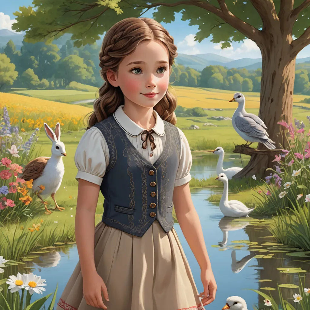 a painting of a girl in a dress standing in front of a pond with swans and flowers in the background, american scene painting, a storybook illustration, Constance Gordon-Cumming, storybook illustration
