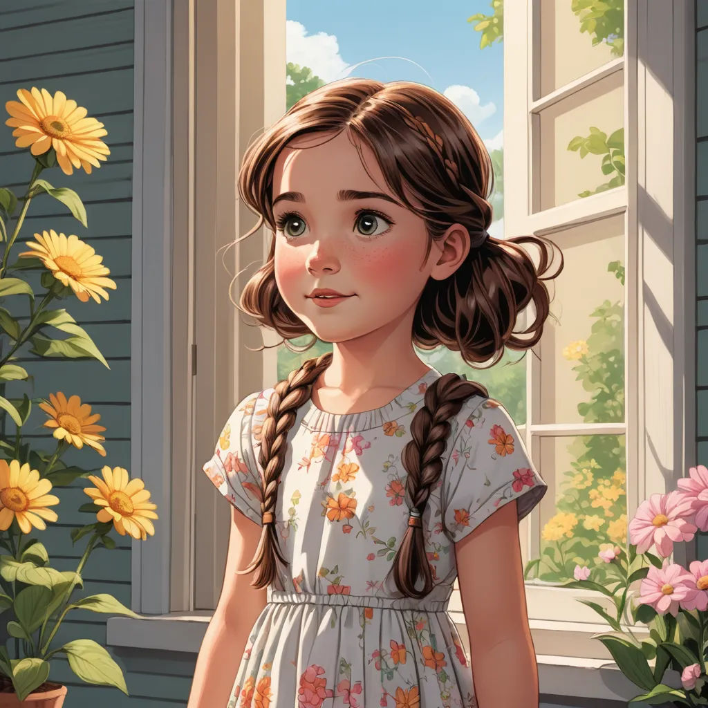 a painting of a girl standing in front of a window with flowers in front of her and a potted plant, photorealism, a storybook illustration, Colin Middleton, storybook illustration