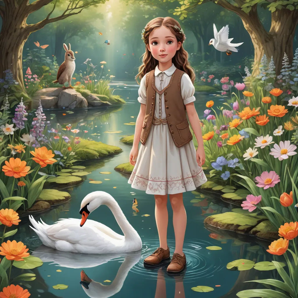 a girl standing in front of a swan in a pond of water with flowers and a bird nearby on a sunny day, magic realism, a storybook illustration, Alice Prin, storybook illustration