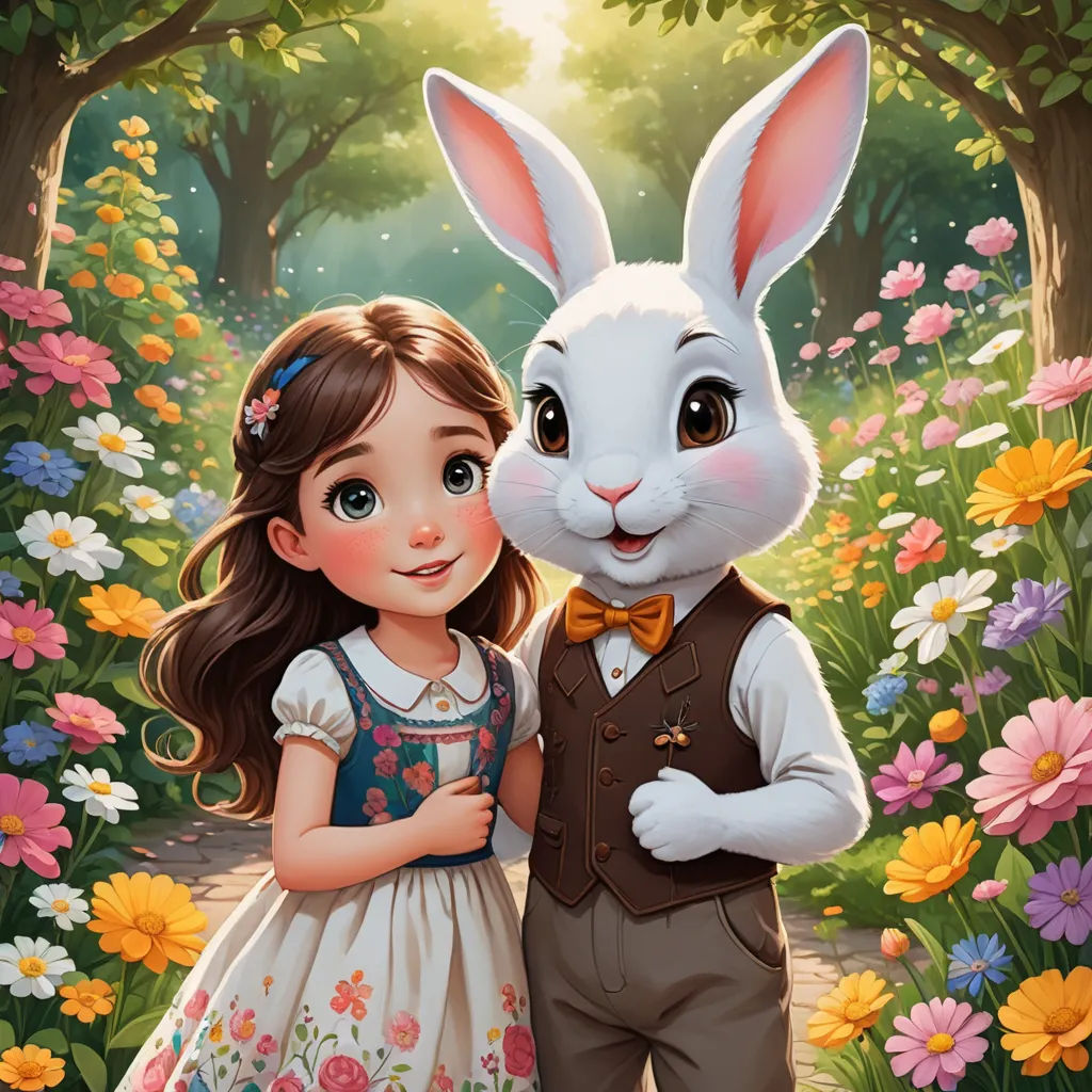 a girl and a boy are standing in a forest with a white rabbit in their arms and a forest with flowers, furry art, a storybook illustration, Alice Prin, official art