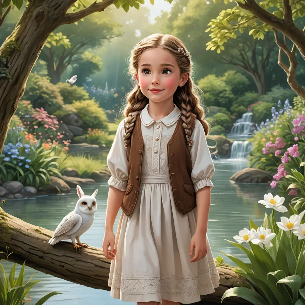 a painting of a girl with a bird on a branch in a forest with flowers and a waterfall in the background, fantasy art, a storybook illustration, Alice Prin, kinkade