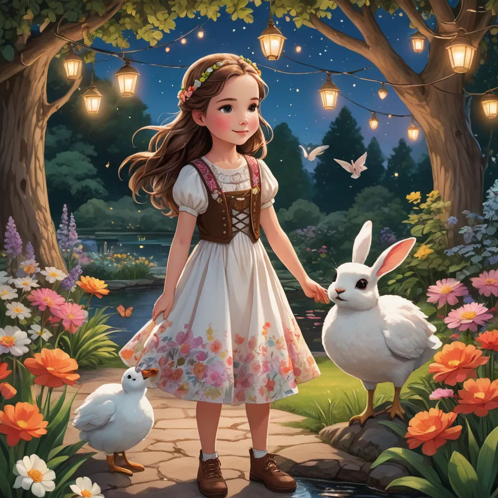 a girl in a dress holding hands with a rabbit in a park at night with lanterns and flowers on the trees, fantasy art, a storybook illustration, Alice Prin, rossdraws global illumination